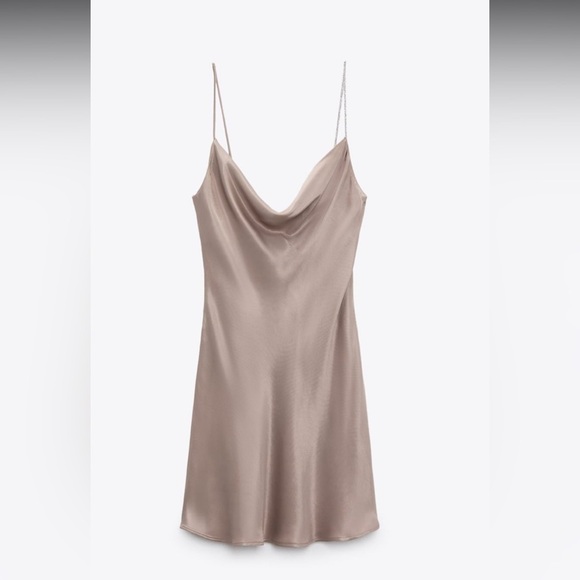 NEW ZARA Silky Satin Taupe Cowl Neck Mini Slip Dress Rhinestone Strap Fit&Flare - Picture 1 of 11